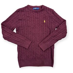 Ralph Lauren Cable Knit Sweater Men's Medium Burgundy Custom Fit Crewneck Cotton